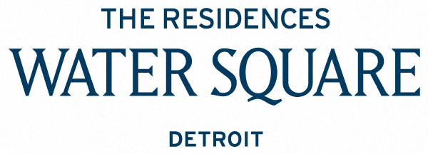 A blue and white sign that says "The Residences Water Square Detroit".